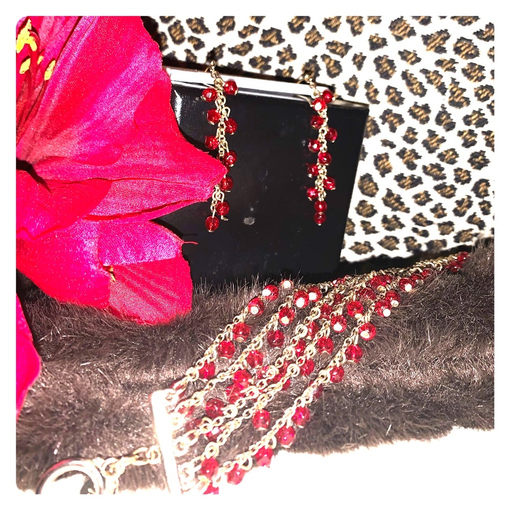 Red beaded earring and bracelet set. NWOT